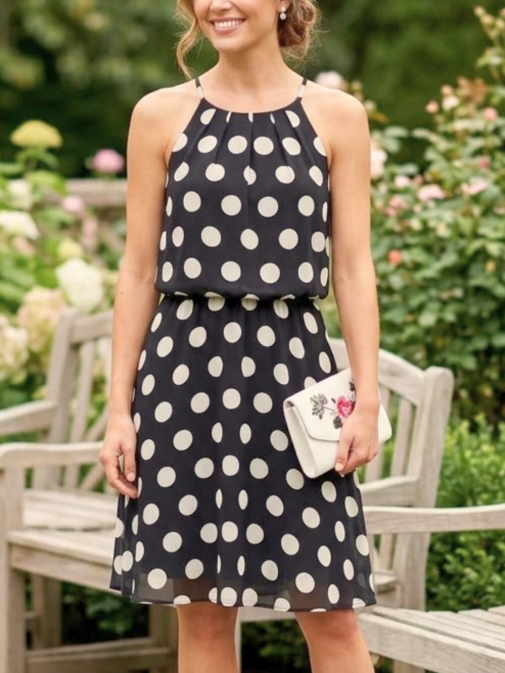 FRANCESCA’S | MI AMI Black & White Polka Dot Halter Dress, L, NWT